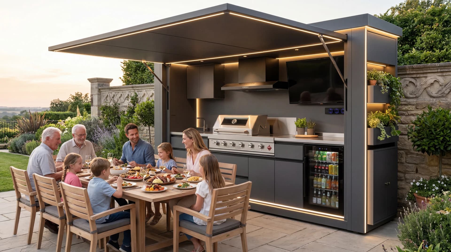 Family gathering around the Premium kitchen