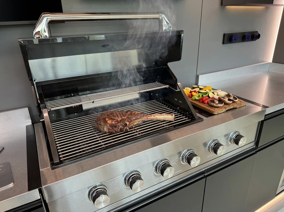 BBQ in action — flames and grill